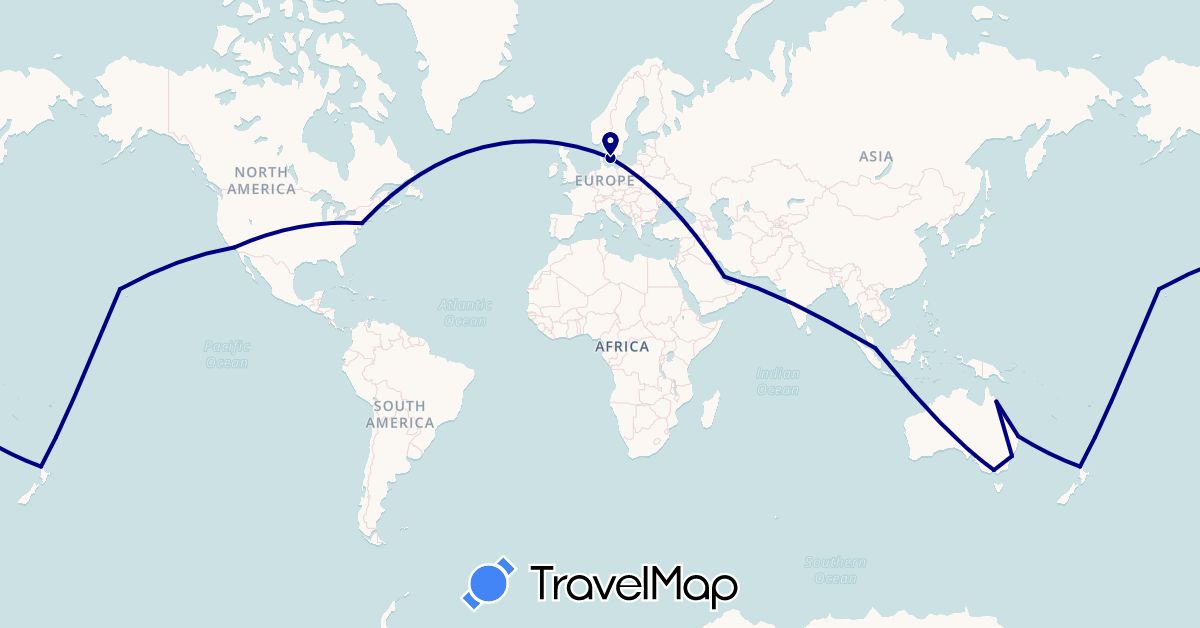 TravelMap itinerary: driving in Australia, Denmark, New Zealand, Qatar, Singapore, United States (Asia, Europe, North America, Oceania)